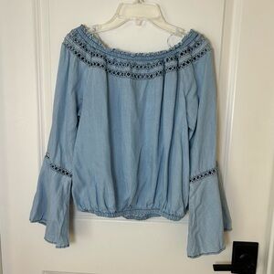 Walter Baker Off The Shoulder Top Women's Sz S Blue Chambray Cutouts Bell Sleeve